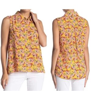 Anthropologie Floral Mustard Yellow Sleeveless Blouse Size Large NWT